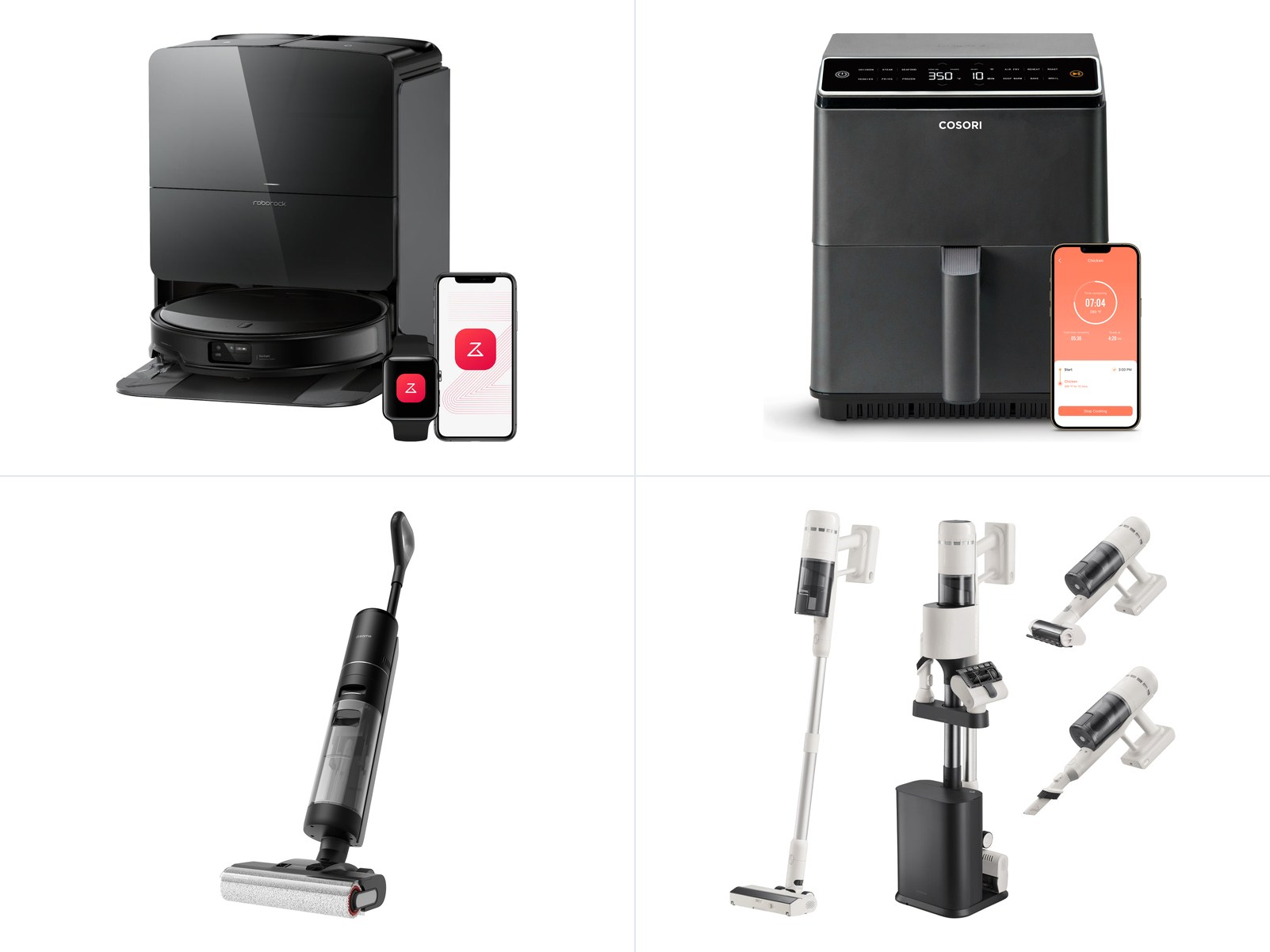 Robot vacuum, air fryer, air purifier and cordless stick vacuum compared side by side